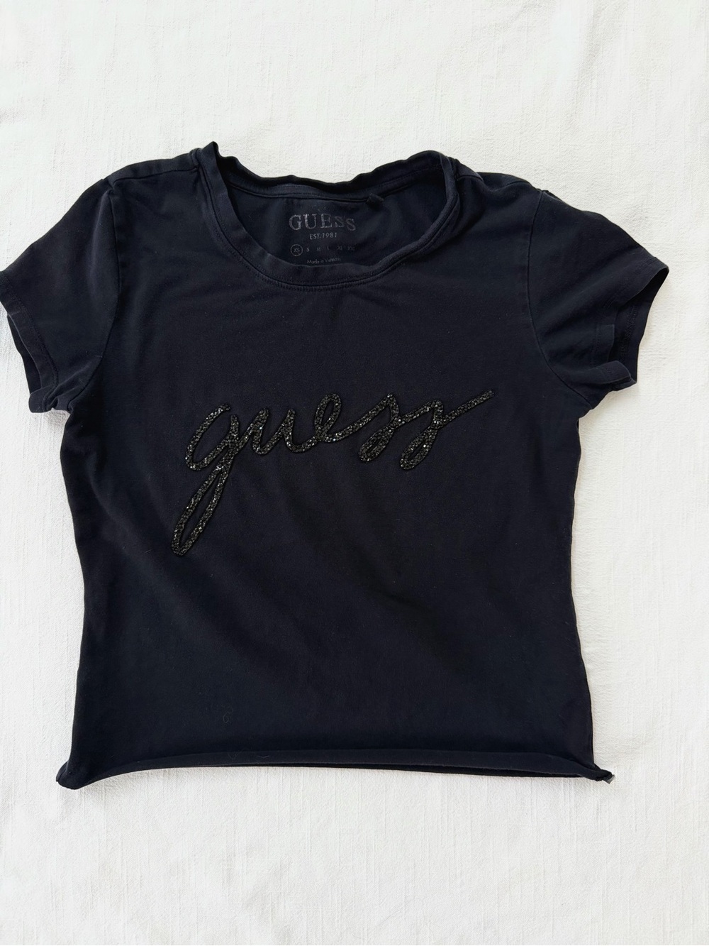 Y2K Guess Rhinestone Logo Baby Tee — black fitted raw hem crop top XS
